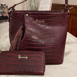 Harrods Dark Red Croc-Embossed Shoulder Bag Set